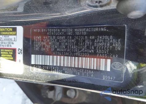 2020 Toyota Camry Se from USA, damaged, VIN 4T1G11AK2LU882203